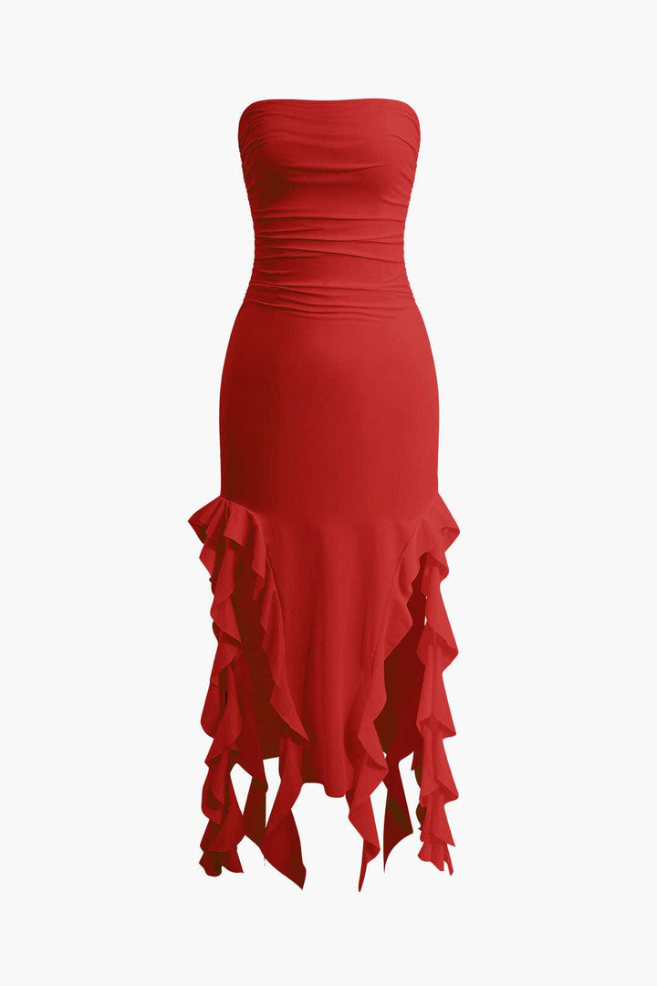 Glamorous strapless bodycon midi dress with a distinctive fringe hem for women's evening wear.