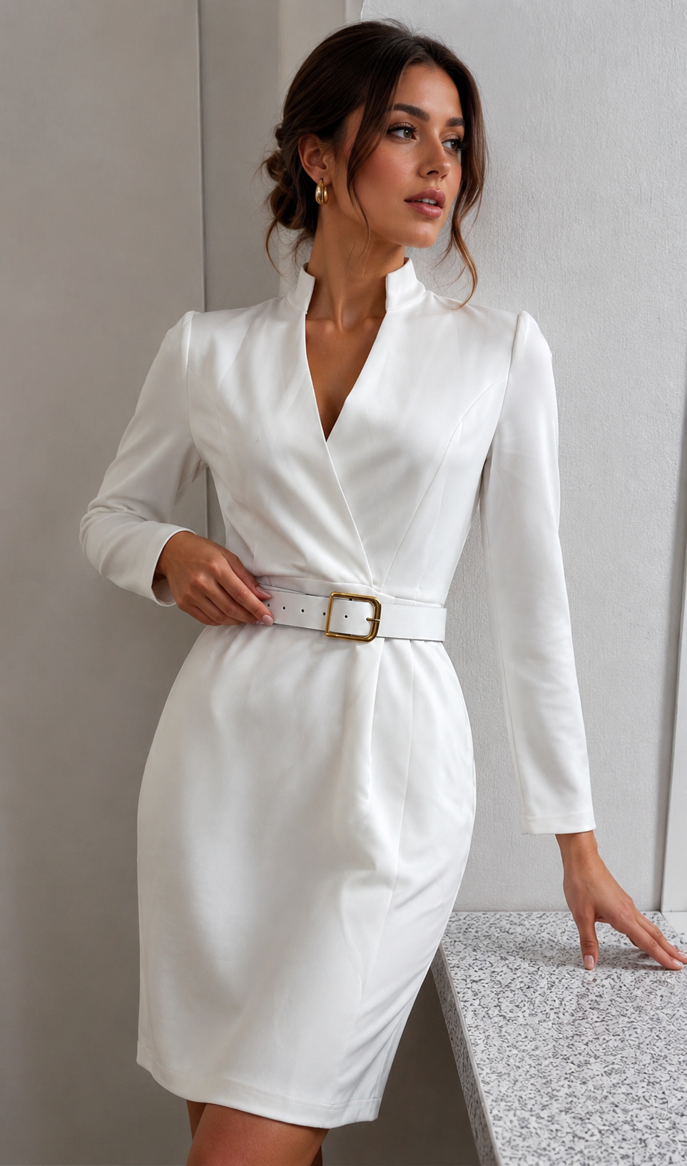 Elegant white V-neck belted midi dress for women, featuring a sophisticated pleated skirt, perfect for formal occasions.