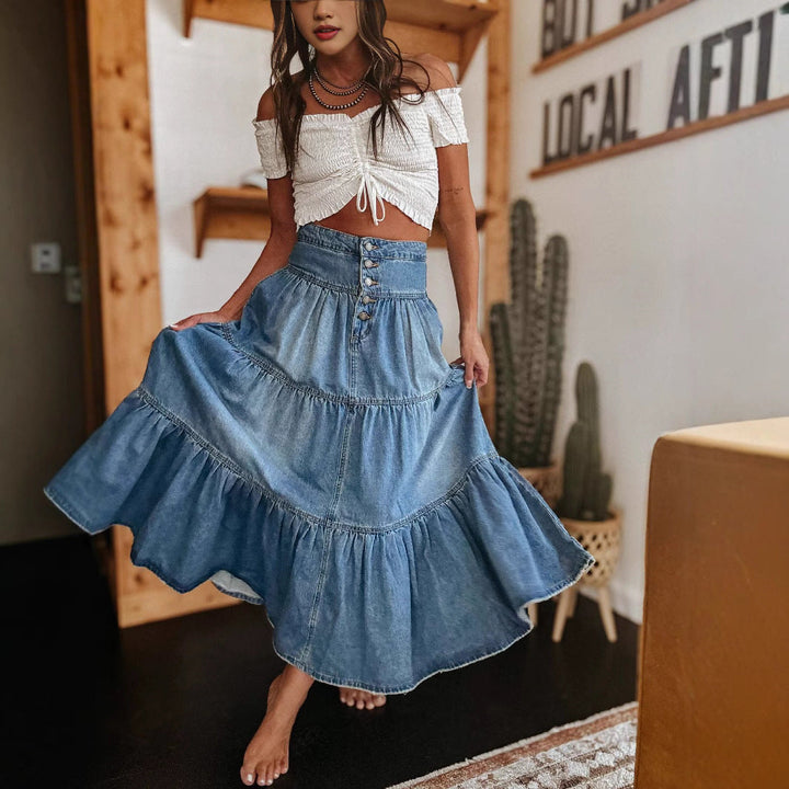 Elegant women's tiered maxi skirt, button front, raw hem. Ideal for casual weekend wear & all-season style.