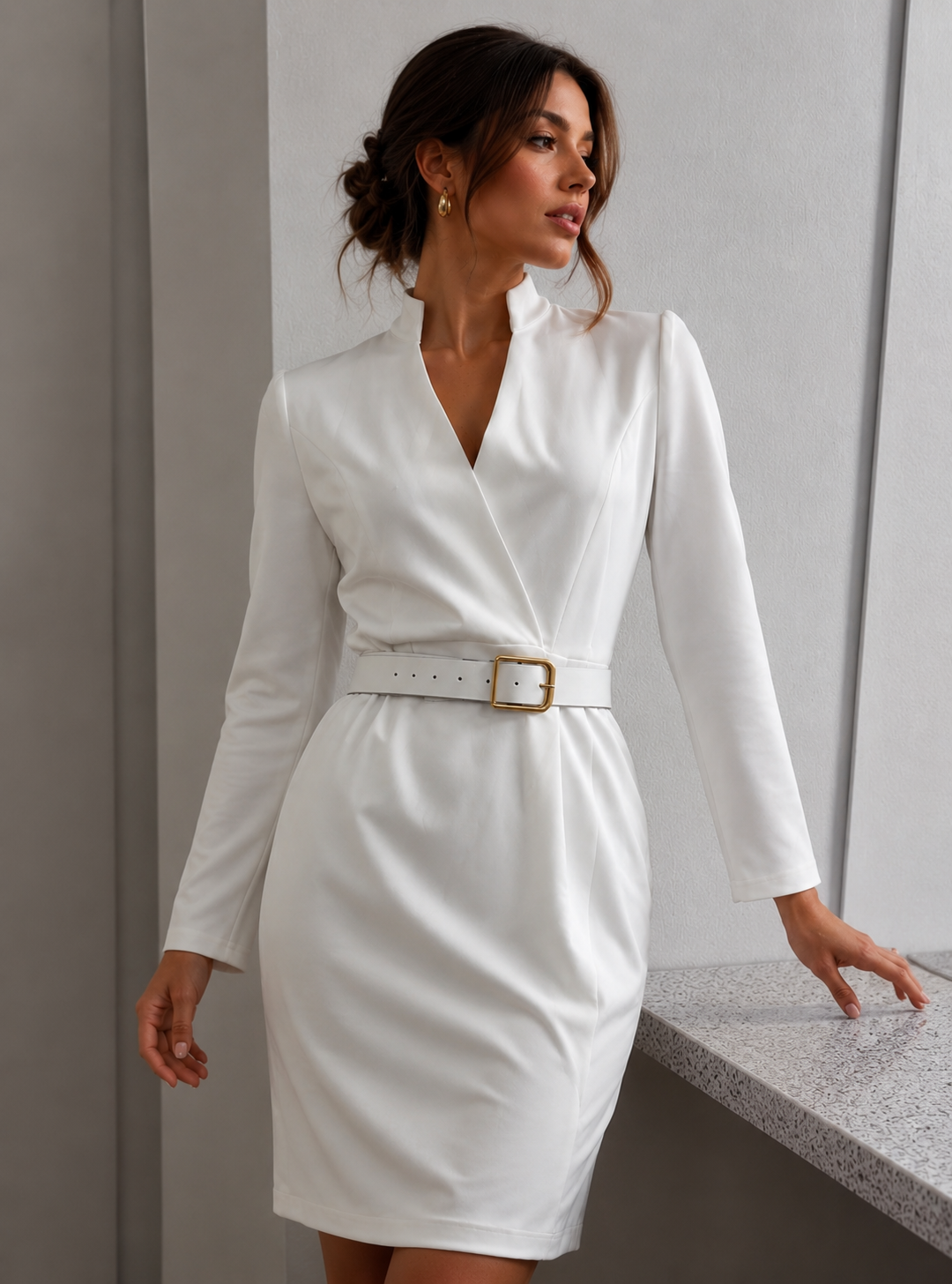 Women's white V-neck midi dress with a stylish belt & pleated skirt, ideal for professional workwear or chic occasions.