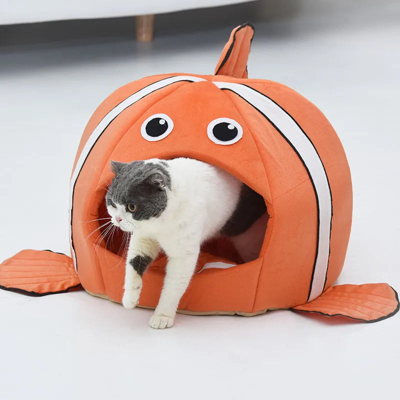 Adorable fish design cat bed, perfect for cats to nap. Ultra-soft pet cave for deep sleep & comfort.