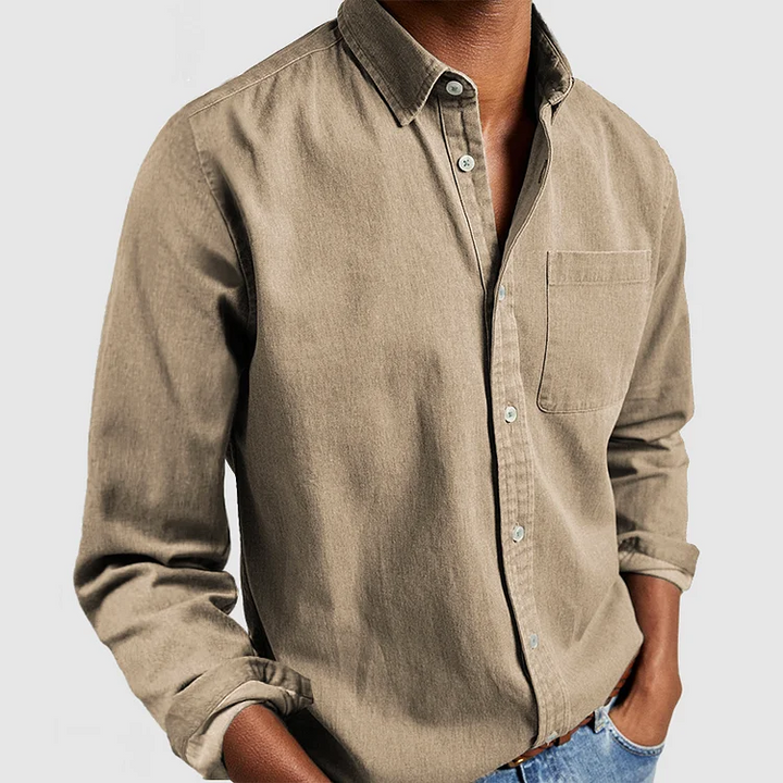 Men's long-sleeve casual button-down shirt, solid color, comfortable & stylish for versatile everyday wear.