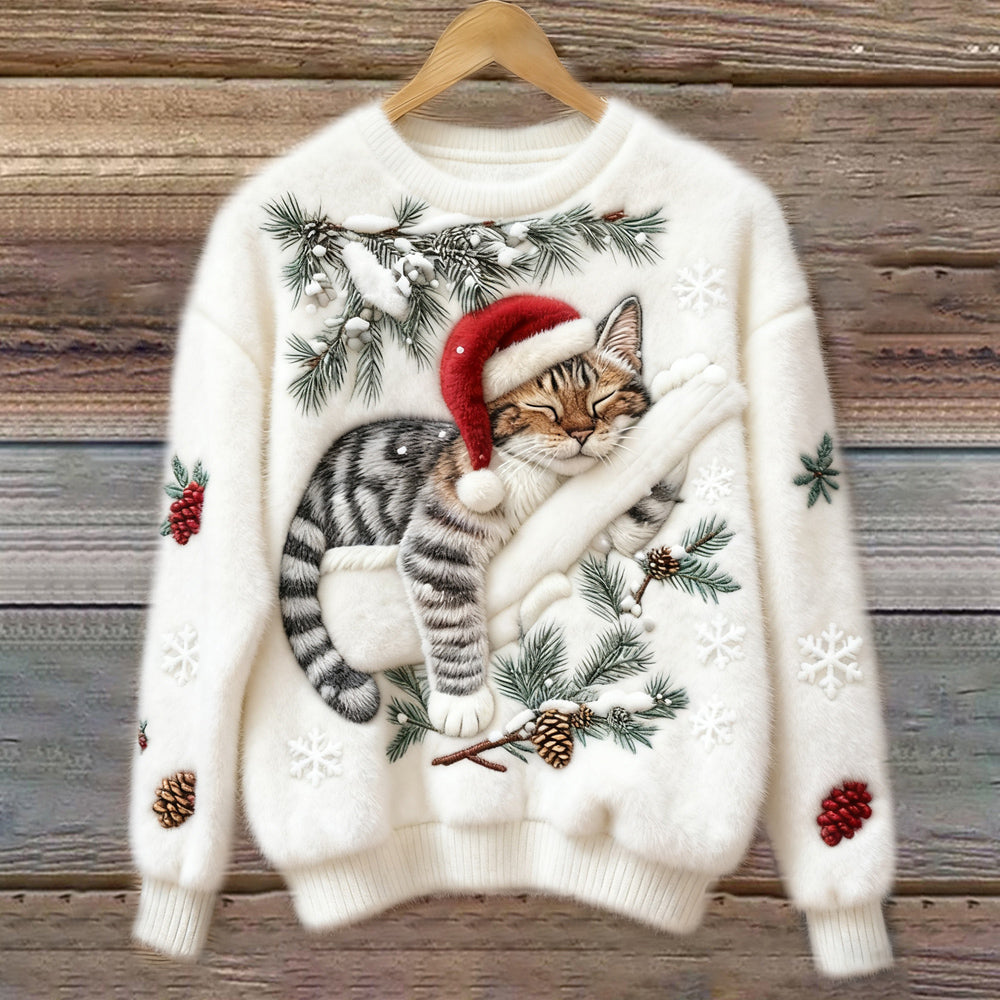 Cozy women's long sleeve crew neck sweater featuring a fun holiday cat print, ideal for festive casual wear.