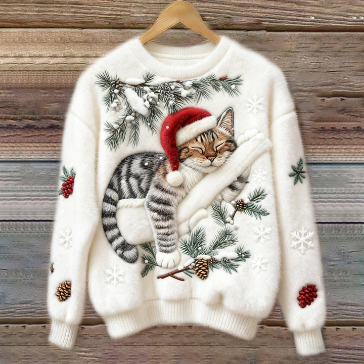 Cozy women's long sleeve crew neck sweater featuring a fun holiday cat print, ideal for festive casual wear.