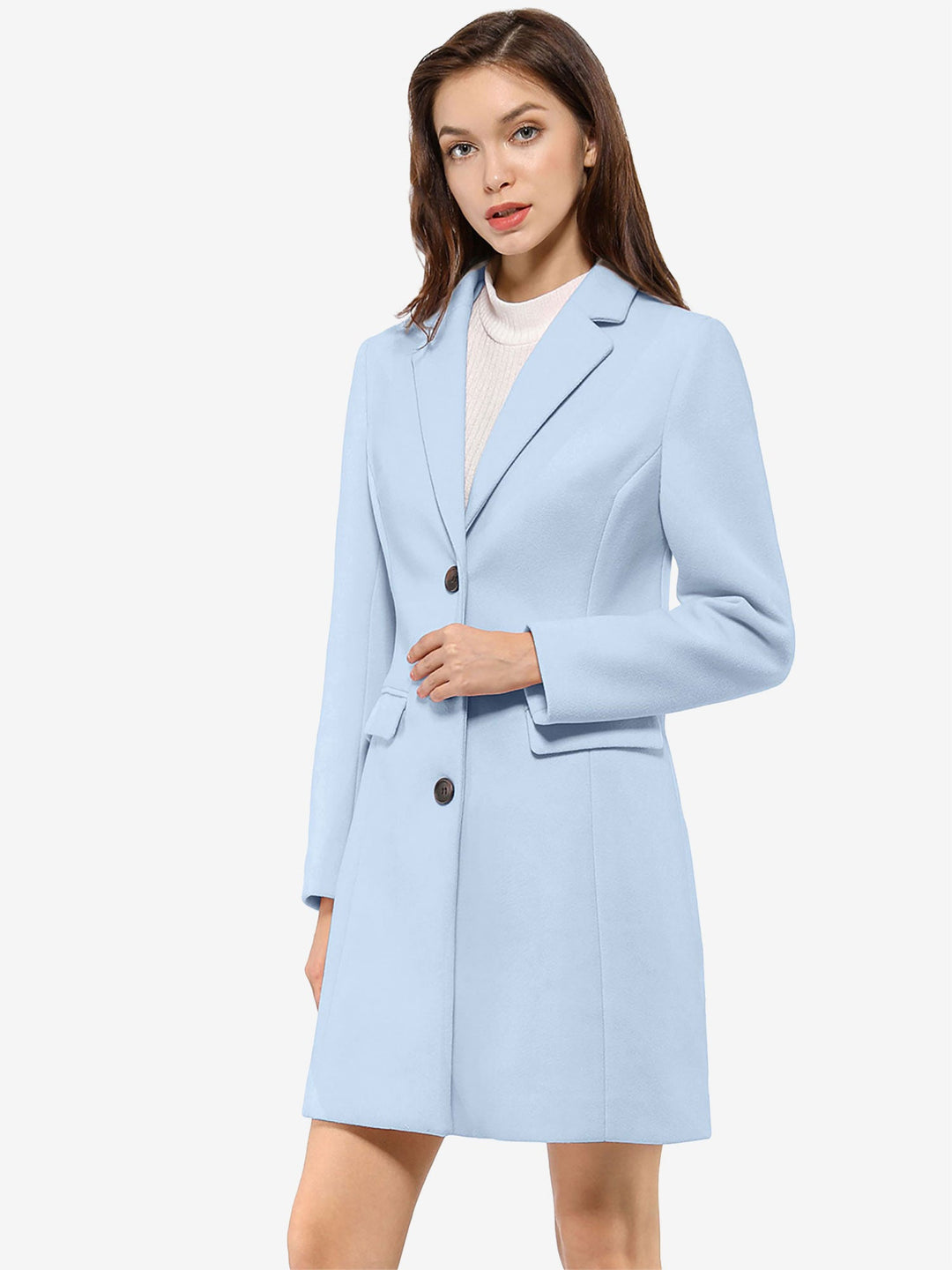 Warm women's long-sleeve winter coat, classic collared design & tailored fit for cold weather.