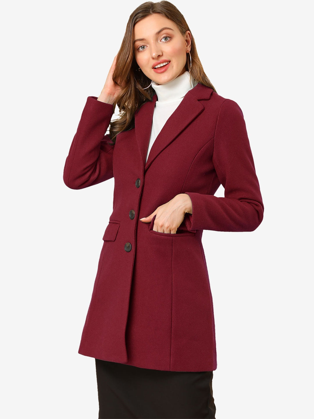 Elegant women's long-sleeve winter coat. Tailored fit, classic collared design for seasonal sophistication.
