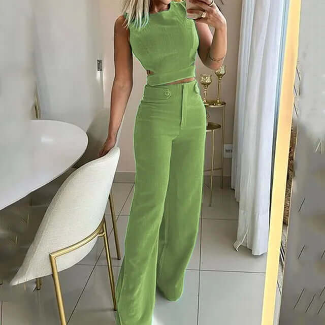 Women's Round Neck Top and Wide Leg Trouser Set