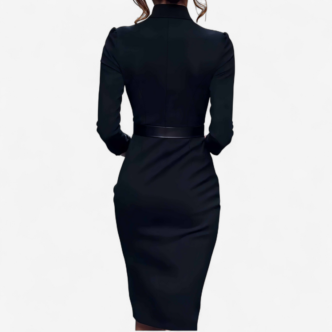 Sophisticated long sleeve midi dress for women, featuring a flattering belt, ideal for workwear and classic style.