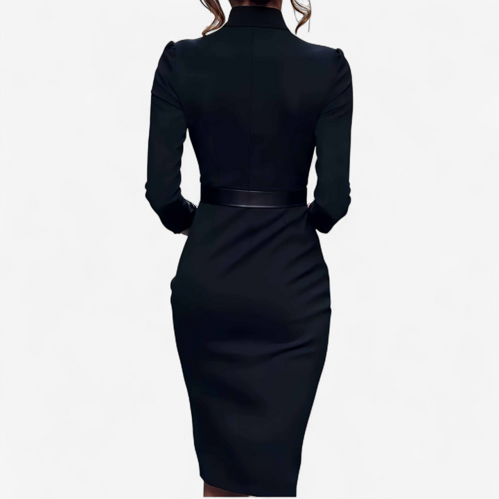 Sophisticated long sleeve midi dress for women, featuring a flattering belt, ideal for workwear and classic style.