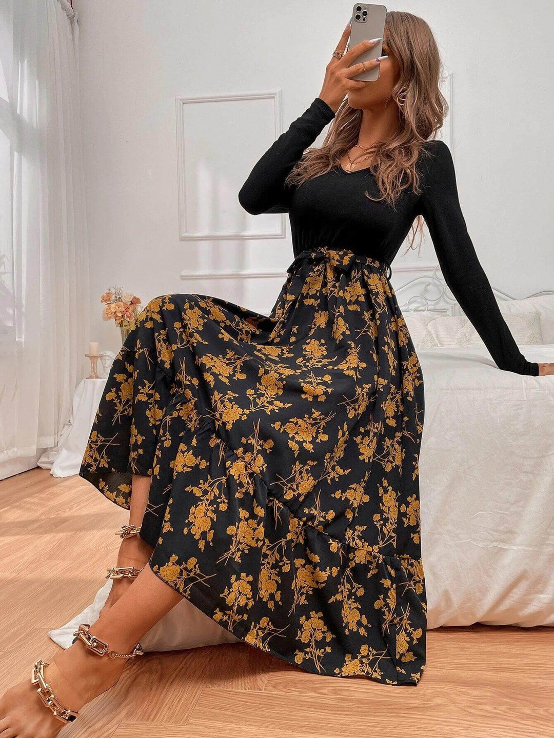 Women's Floral A-Line Long Sleeve Dress