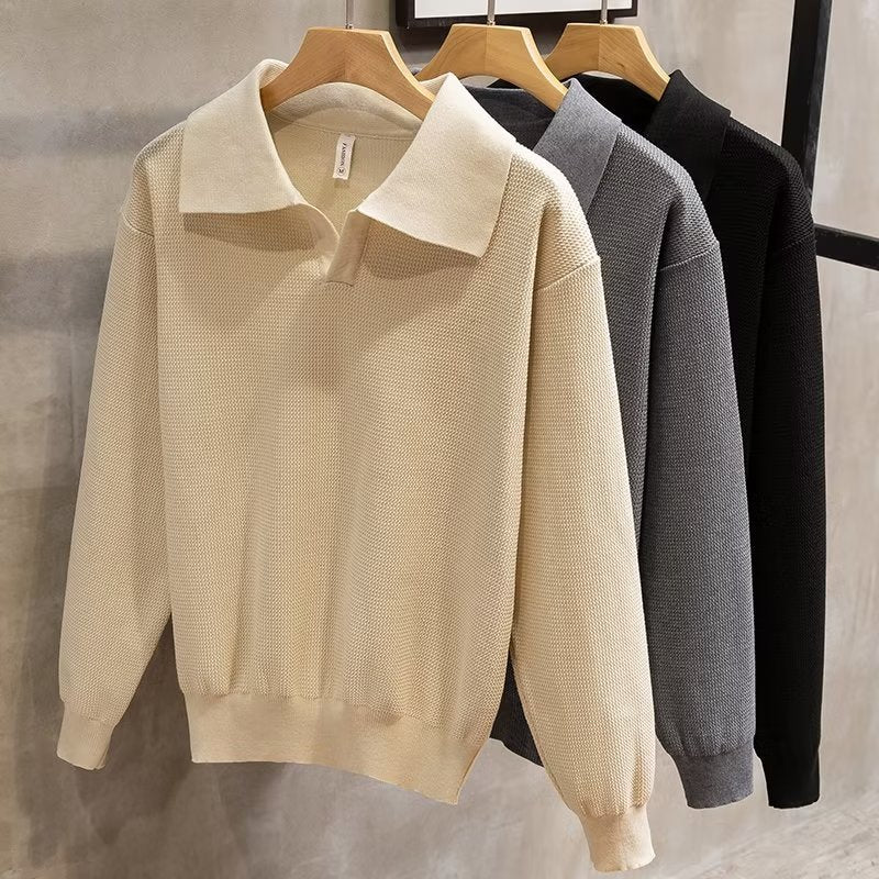 Men's Polo Sweater with ribbed knit detail, long sleeves, and a smart casual style for autumn/winter.