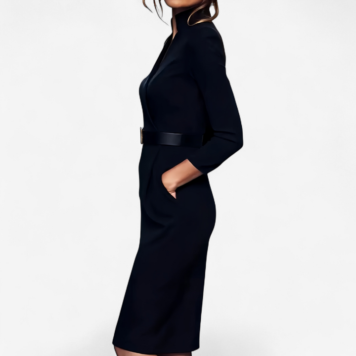 Chic women's belted midi dress with long sleeves, offering an elegant and versatile option for cocktails or office.