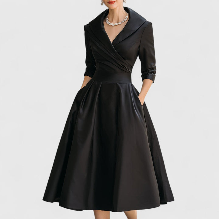 Sophisticated beige midi dress for women, featuring a flattering fit, V-neck, and pockets.