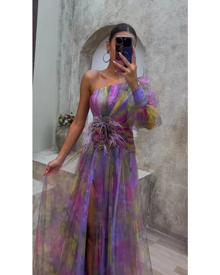 Formal one-sleeve long maxi dress for women. V-neck design, perfect for elegant wedding guest attire.