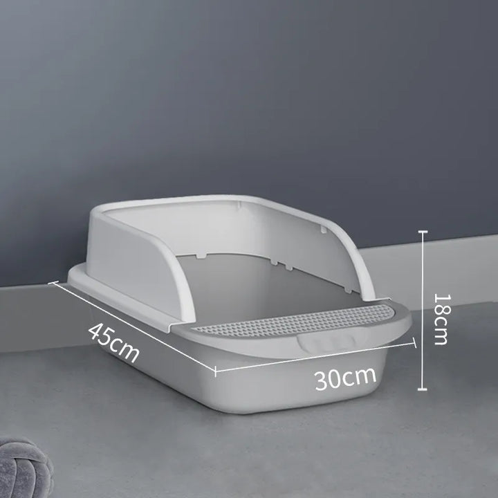 Angled view of a high rim cat litter tray, showing its generous size for cat comfort and hygiene.