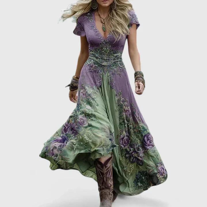 Elegant women's floral maxi dress with V-neck & short sleeves, perfect for summer casual or boho style.