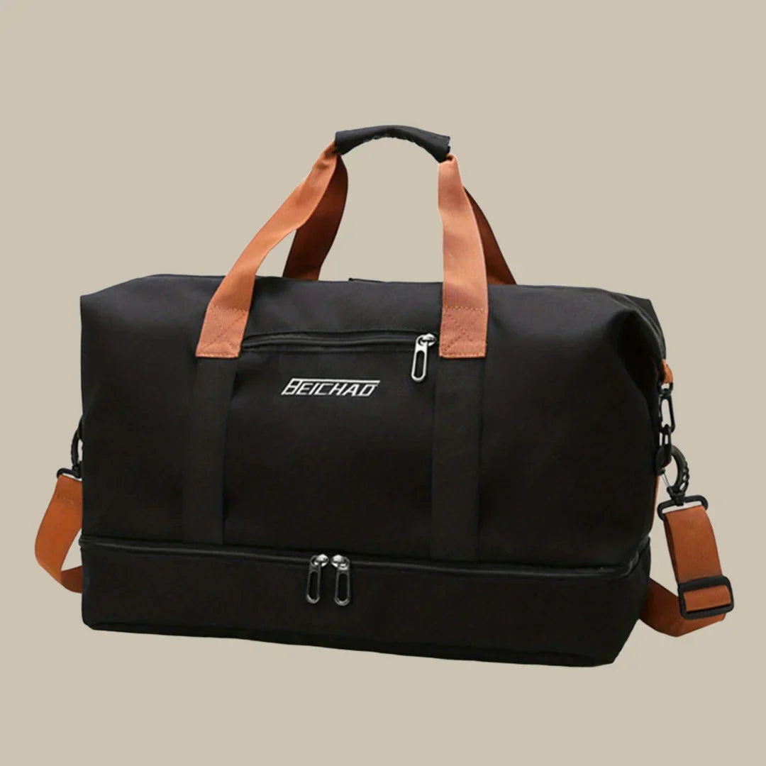 Man carrying a stylish and spacious men's travel duffel bag, ready for a weekend getaway or gym session.