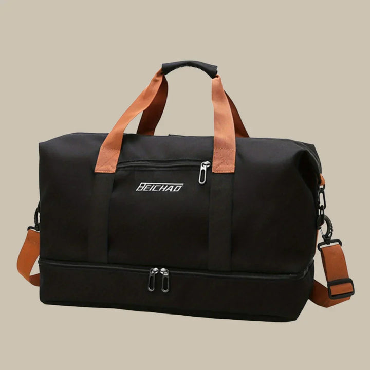 Man carrying a stylish and spacious men's travel duffel bag, ready for a weekend getaway or gym session.
