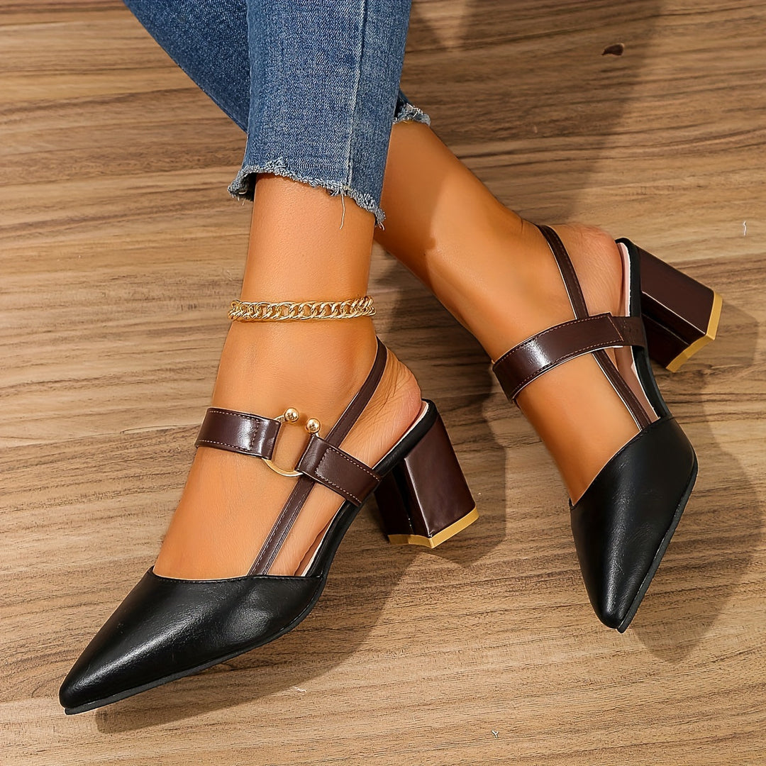 Black women's pointed block heel shoes with classic style, sleek pointed toe & tapered heel for fashion footwear.