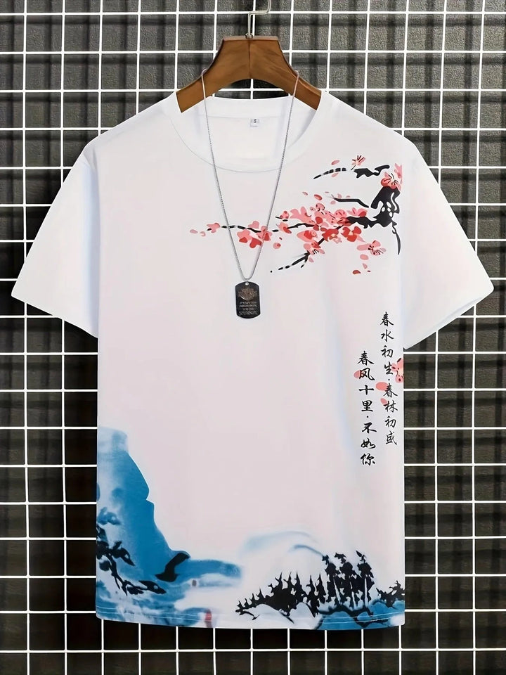 Effortless everyday wear men's t-shirt, unique floral wave graphic, comfortable for any occasion.