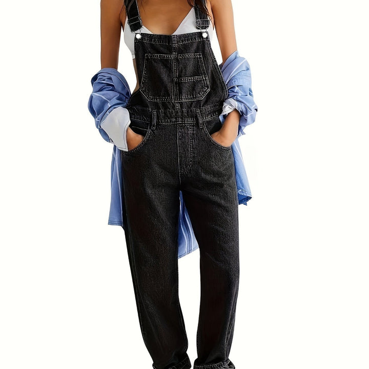 Stylish ladies loose fit denim dungarees, comfortable casual overalls with a relaxed silhouette.