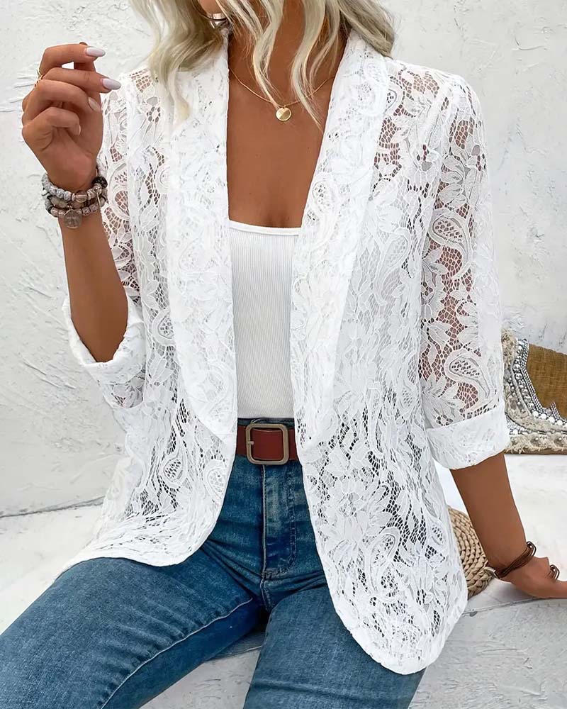 Graceful women's elegant long sleeve coat, adorned with a lovely floral lace collar, perfect for spring.