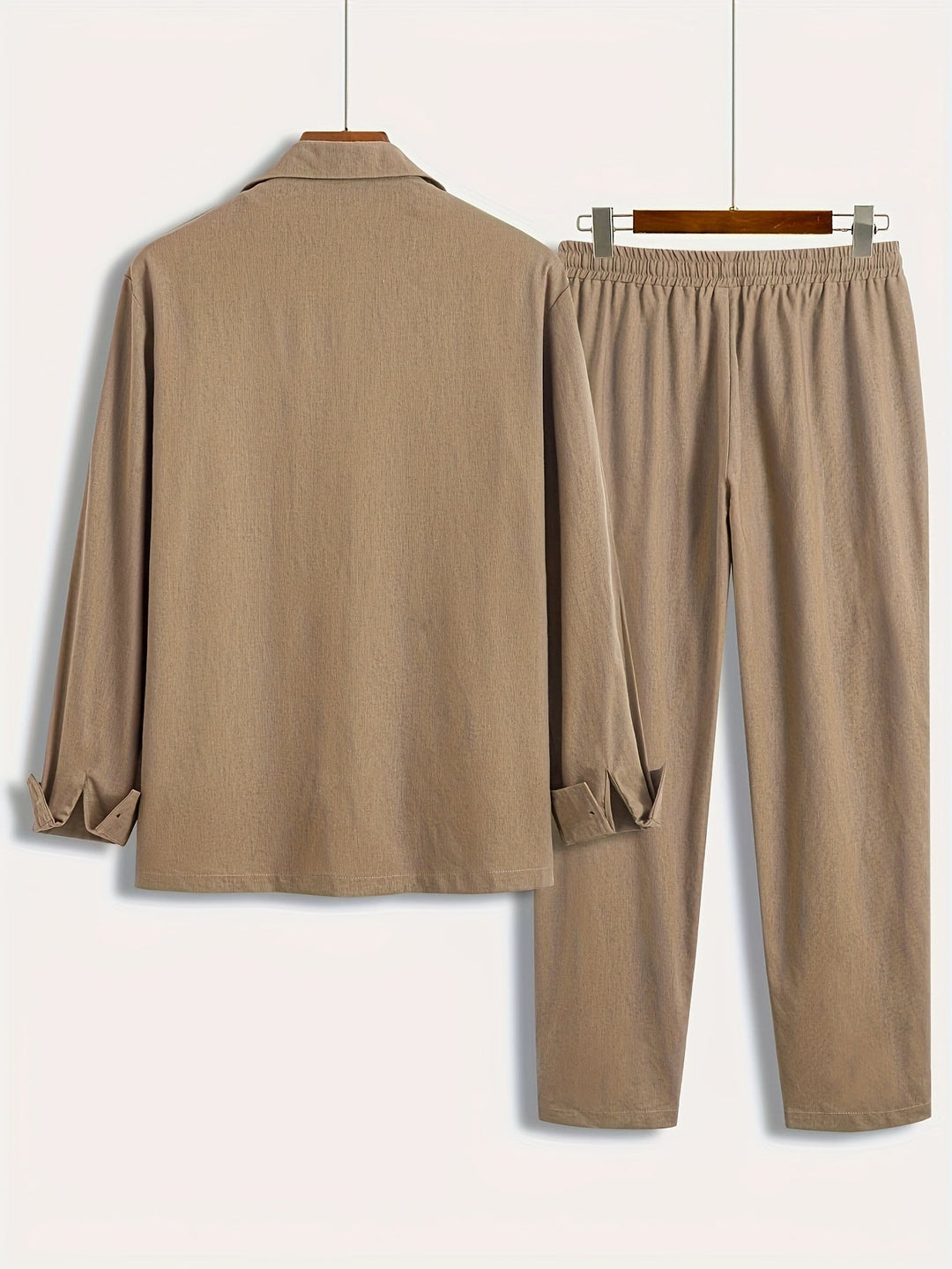 Breathable linen blend men's two-piece set, ideal for comfortable casual wear and versatile style.
