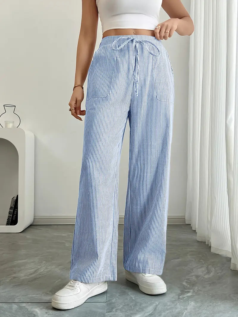 Women's casual wide leg pants, black & white stripes, comfy & stylish.