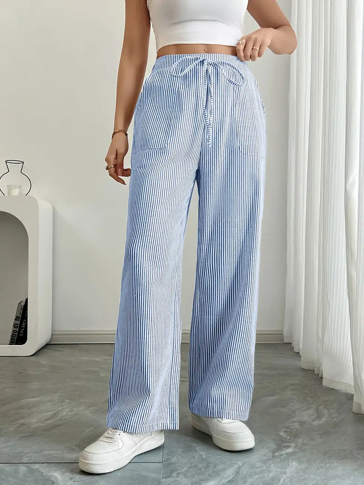 Women's casual wide leg pants, black & white stripes, comfy & stylish.