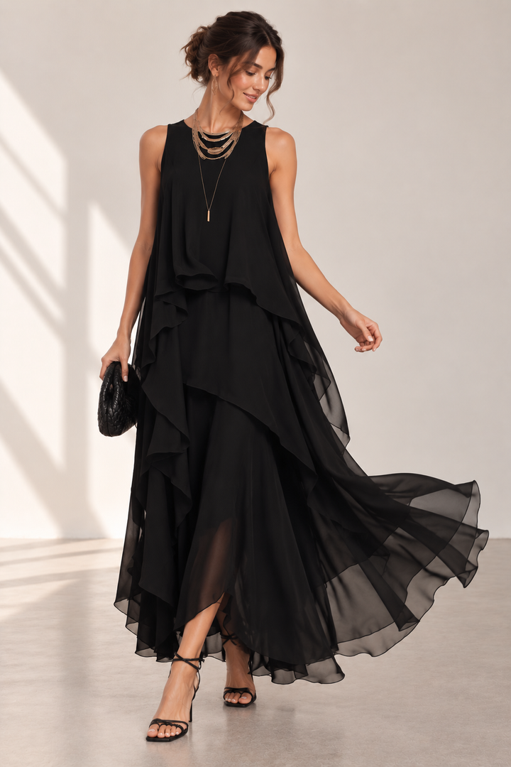 Elegant black women's layered overlay cocktail gown with high neckline & asymmetrical hem, perfect for formal occasions.