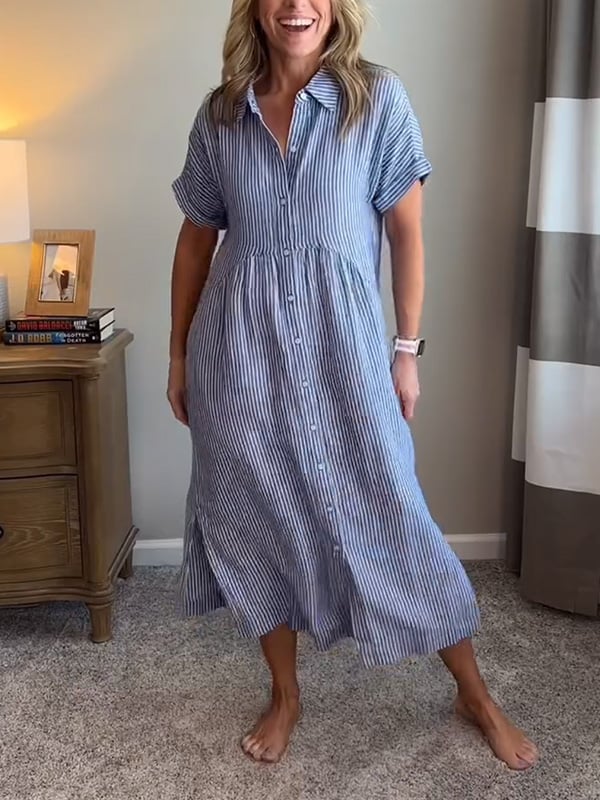 Elegant women's striped maxi shirt dress; classic button-down style, versatile for casual or office wear.