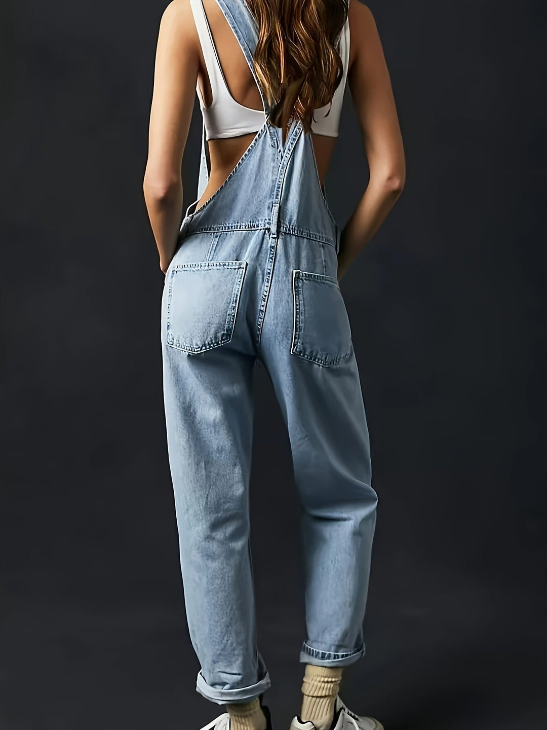 Women's casual denim overalls, loose fit dungarees for everyday fashion & comfort, full length shot.
