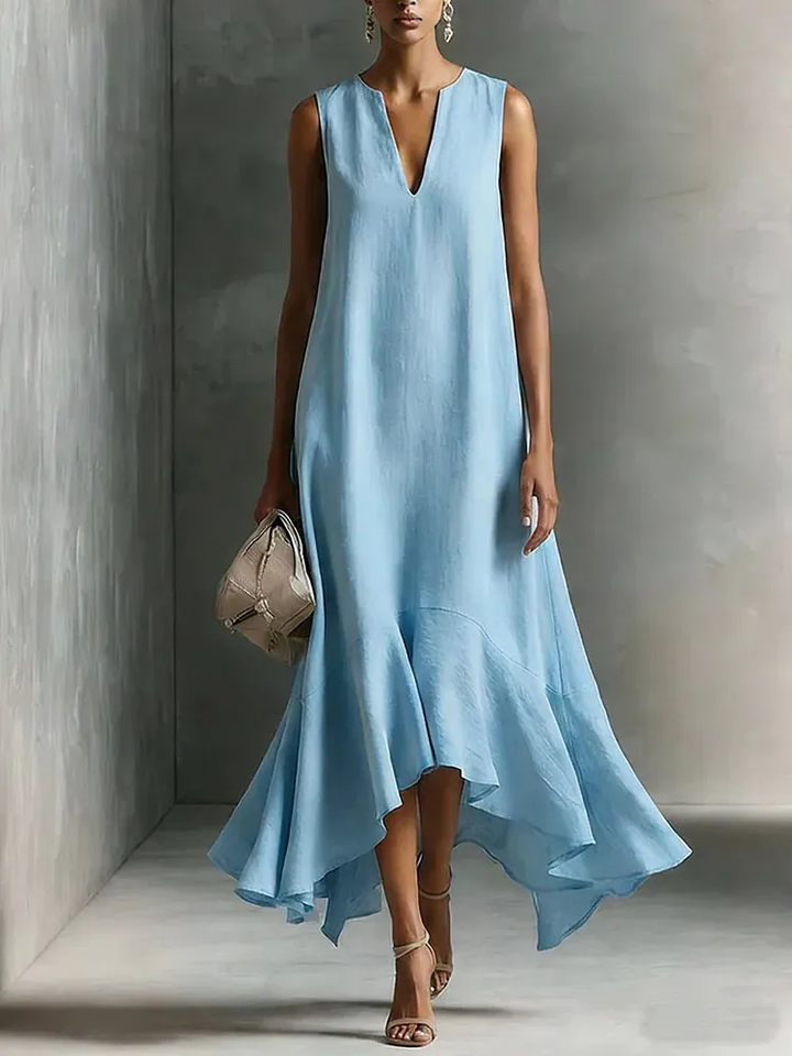 Stylish women's V-neck sleeveless maxi dress, flowing with a trendy ruffled hem design.