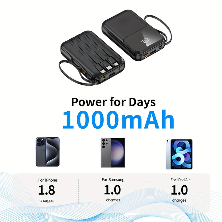 Complete power solution: 10000mAh portable power bank, fast charging, built-in universal cables.