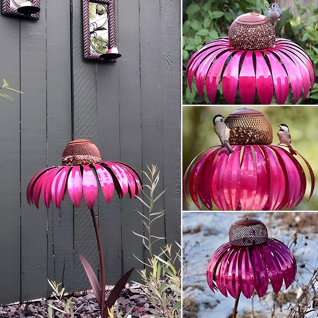 Decorative metal flower bird feeder for gardens, attracting wildlife with its elegant design.