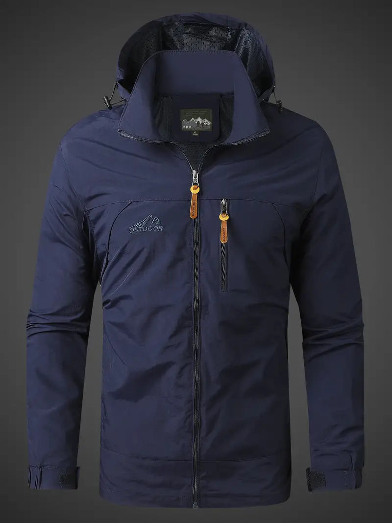 Men's outdoor spring/autumn jacket, hooded and waterproof, a travel-friendly rain jacket for adventurers.