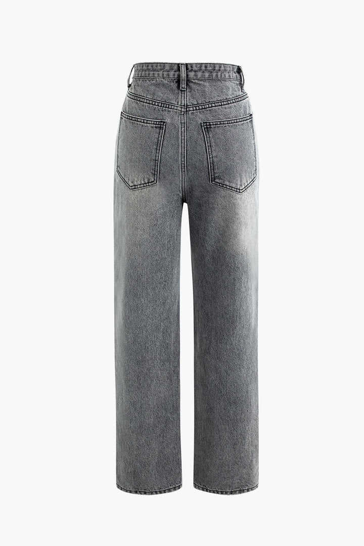 Flattering women's straight-leg jeans with an asymmetric high waist. Light wash, modern, and versatile fashion.