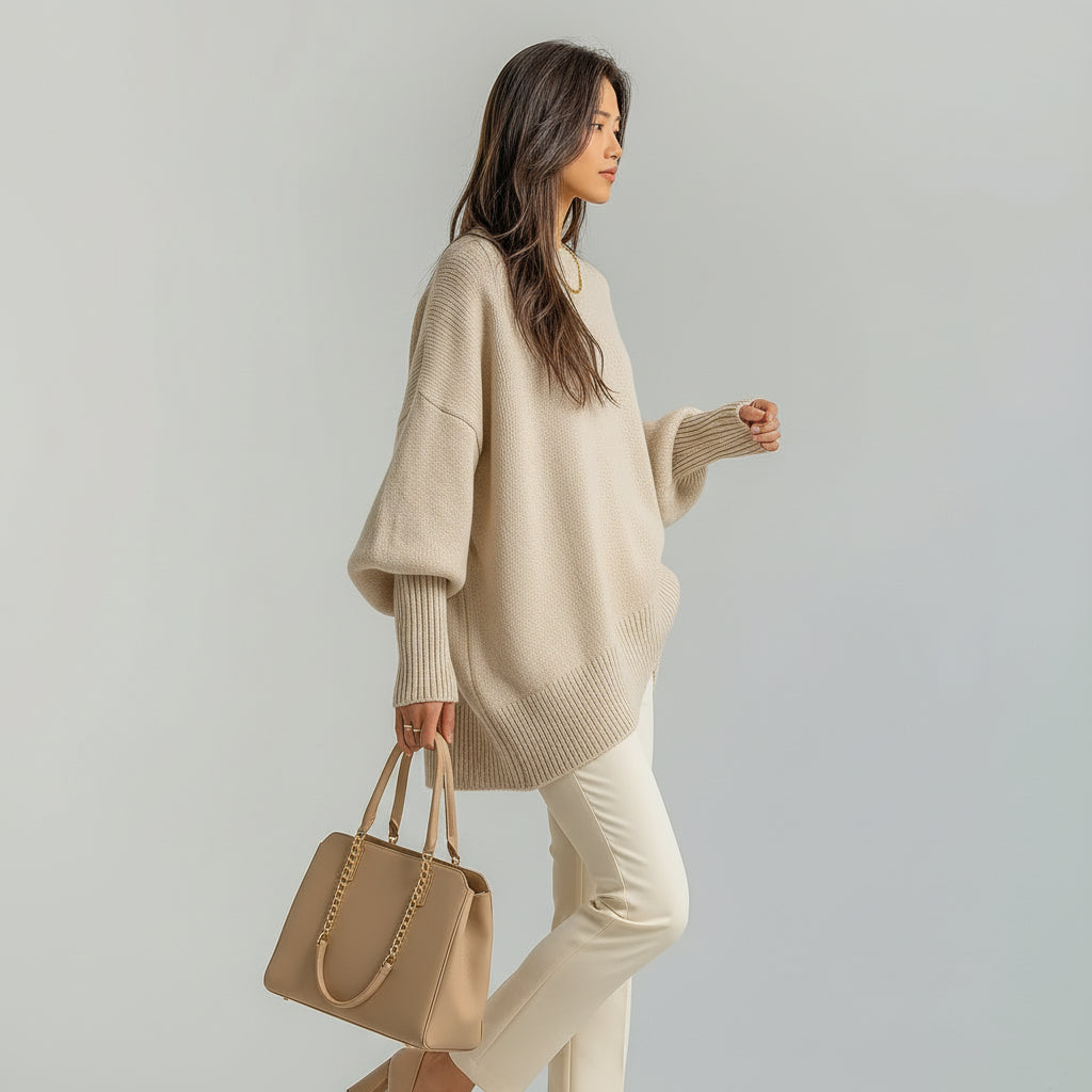 Casual chic women's oversized batwing sweater with a flattering asymmetric hem. Perfect for relaxed autumn days.