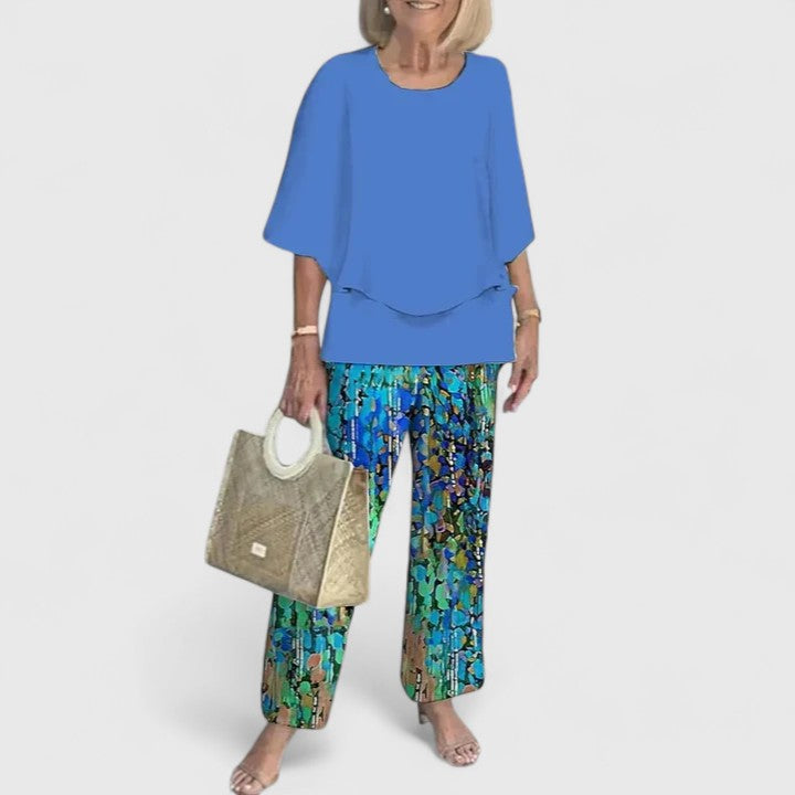 Complete women's loose two-piece outfit, perfect for elegant and comfortable spring/summer styling.