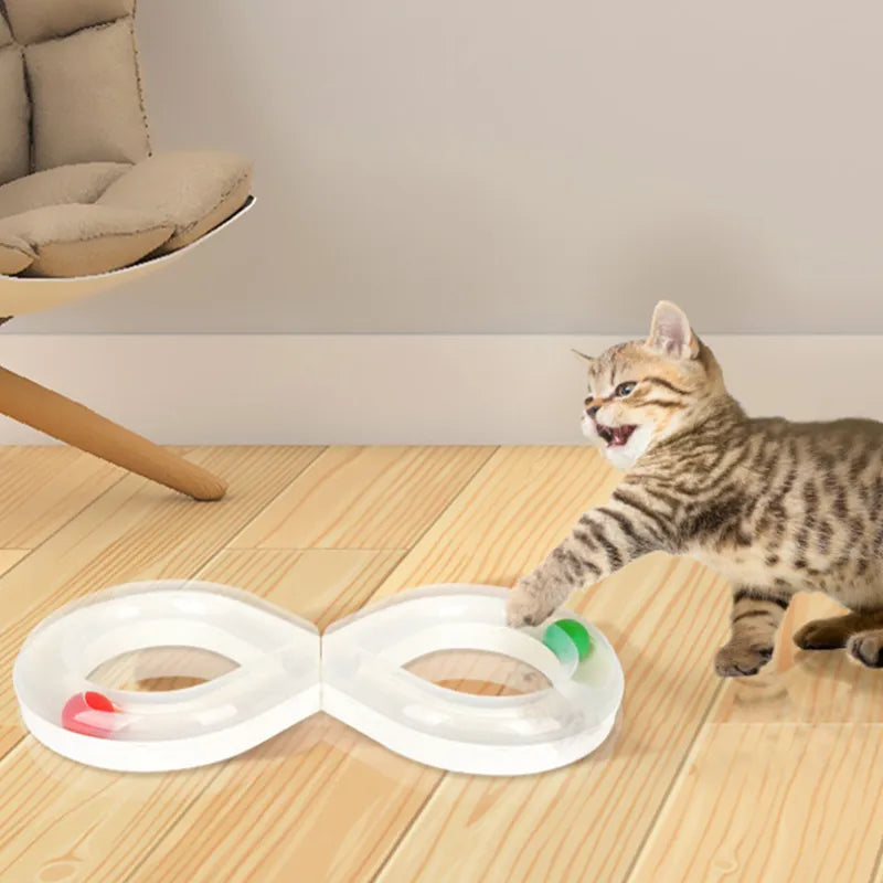 White & blue interactive cat toy with infinity ball track for feline fun & mental enrichment.