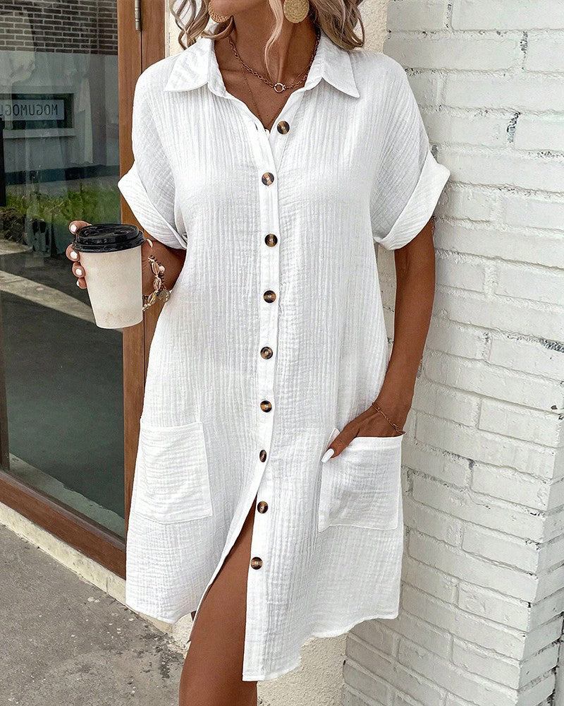 Trendy women's collared mini sundress with a stylish button-front. Essential warm weather casual dress fashion.