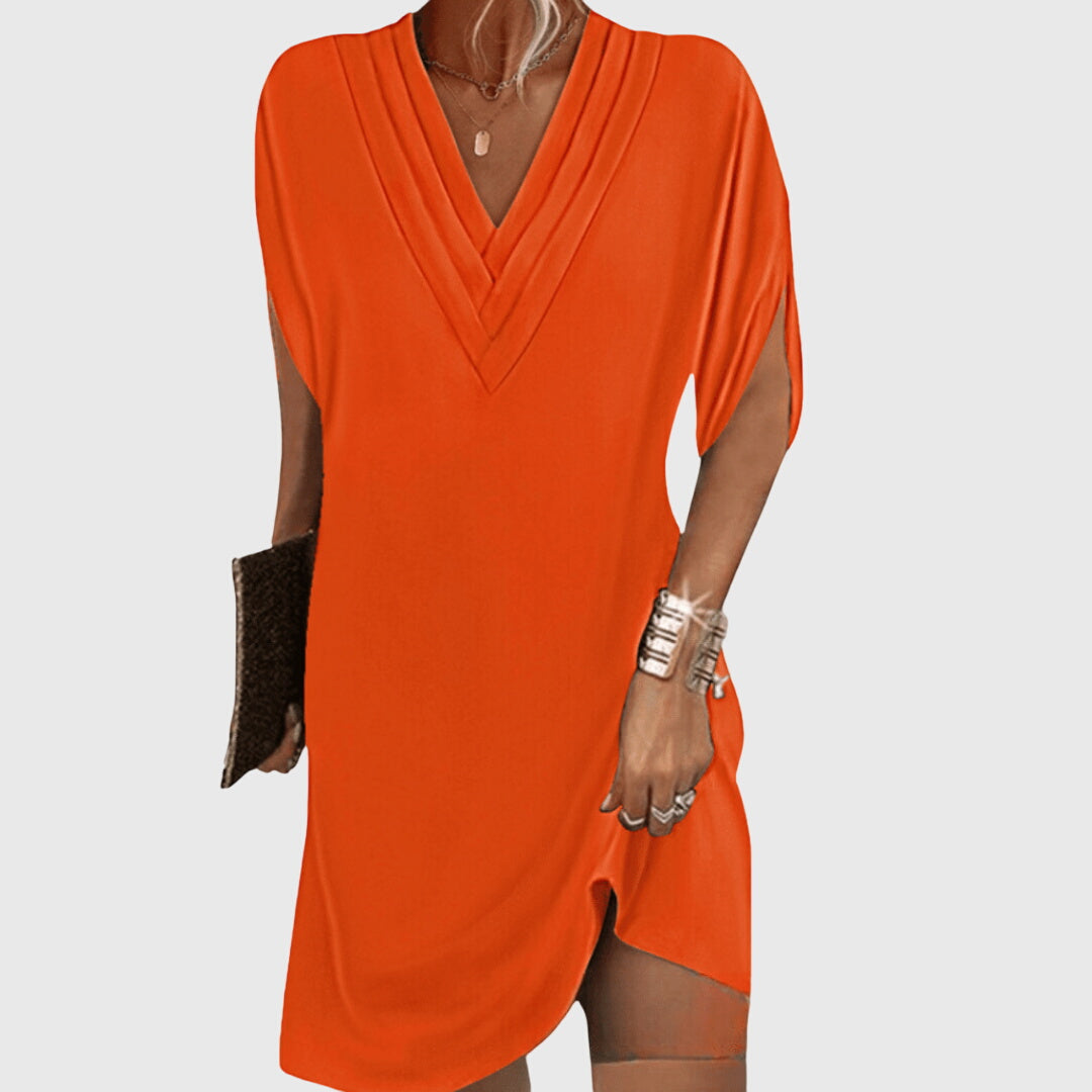 Elegant V-neck women's midi dress. Flattering tummy control, versatile for summer casual or special occasion wear.