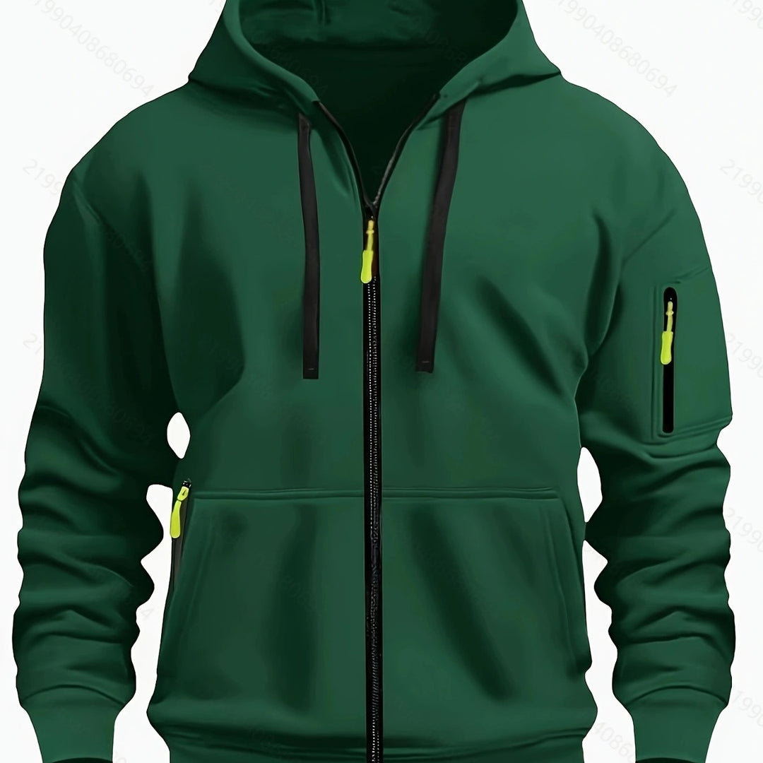 Full-zip men's sweatshirt with drawstring hood for casual layering.