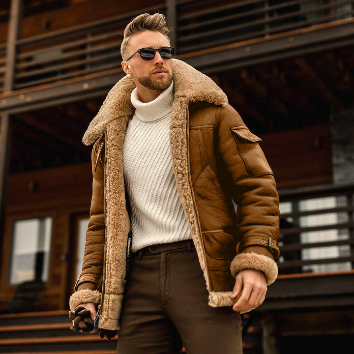 Stylish men's winter aviator jacket, featuring a luxurious shearling lining for exceptional warmth & comfort.