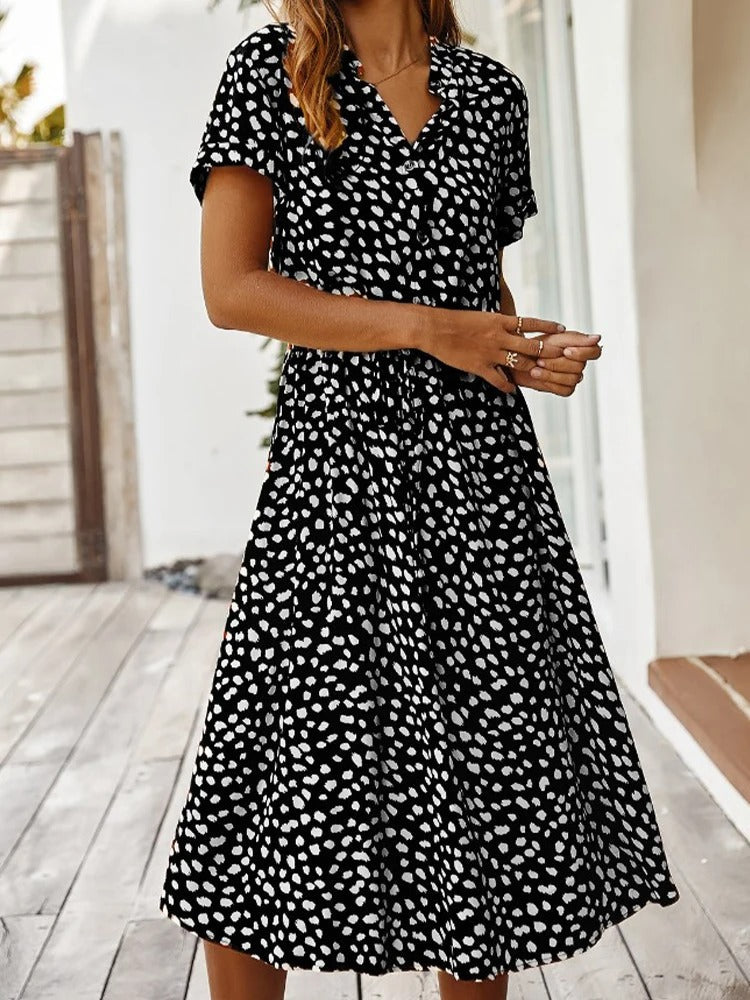 Flattering women's lightweight midi dress, an elegant short-sleeve summer option for day or vacation.