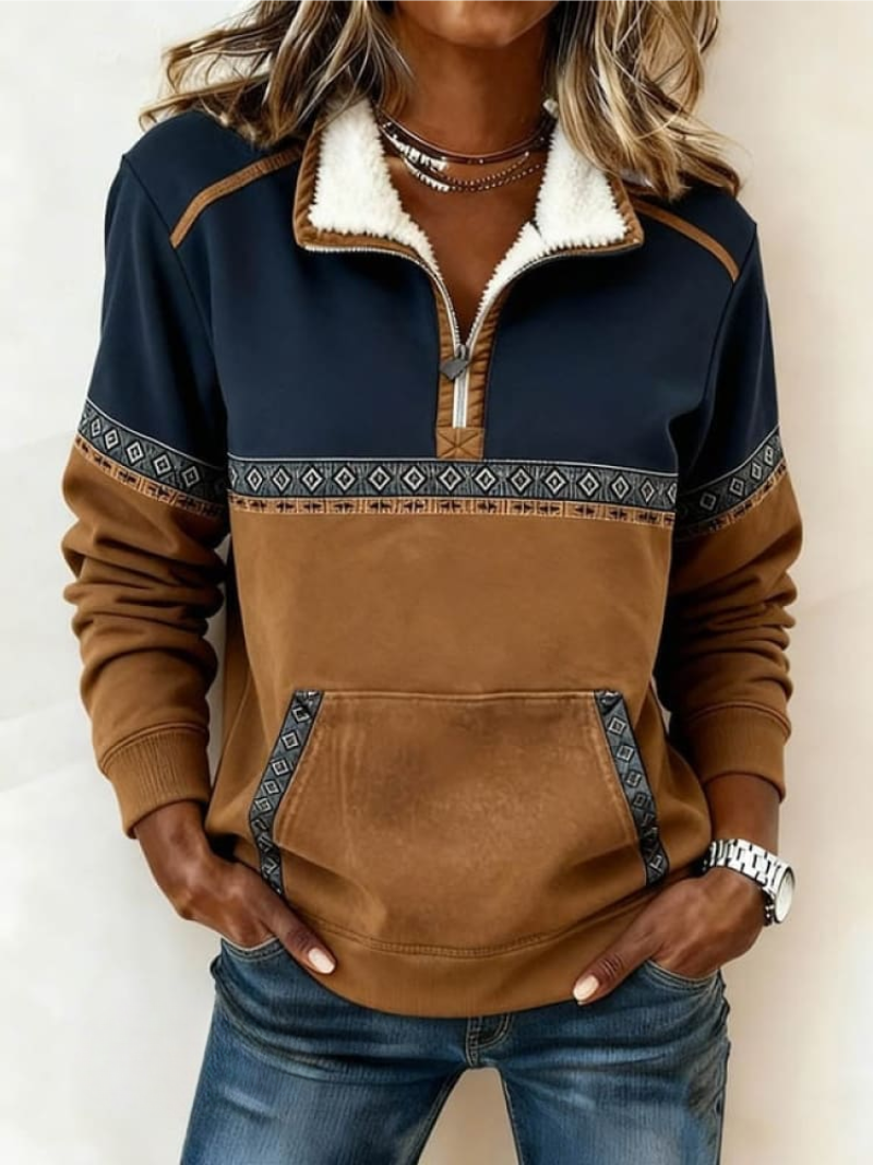 Women's cozy colorblock half-zip pullover sweater with pocket. Perfect for casual fall fashion, long sleeve, relaxed fit.