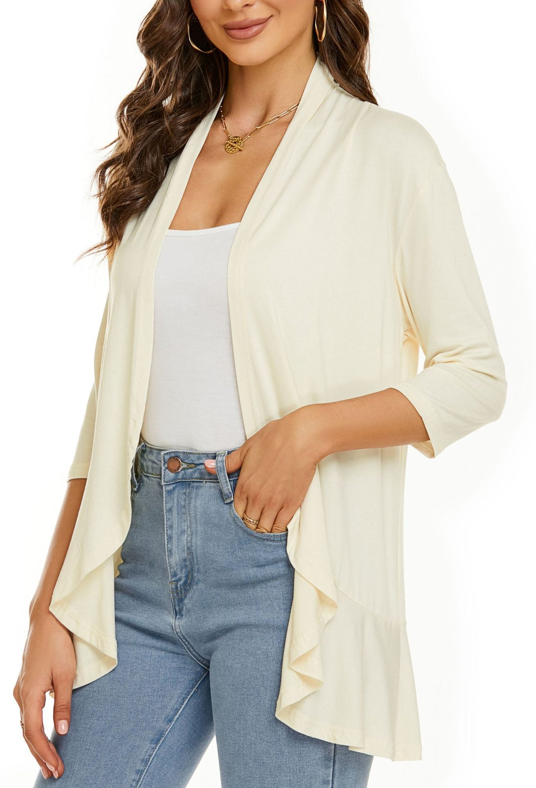 Lightweight open-front women's sweater cardigan, a perfect versatile long-sleeve layering piece.