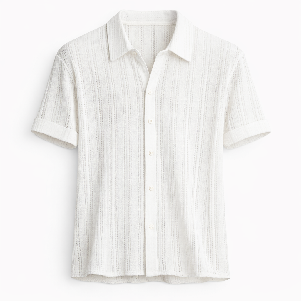 Close-up of men's textured short-sleeve polo with subtle vertical stripes, comfort fit.