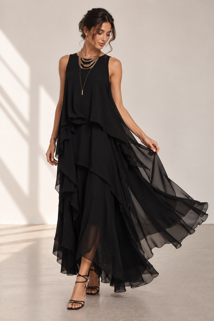 Sophisticated women's black layered cocktail gown, ideal as an evening dress or wedding guest attire. Sleeveless design.
