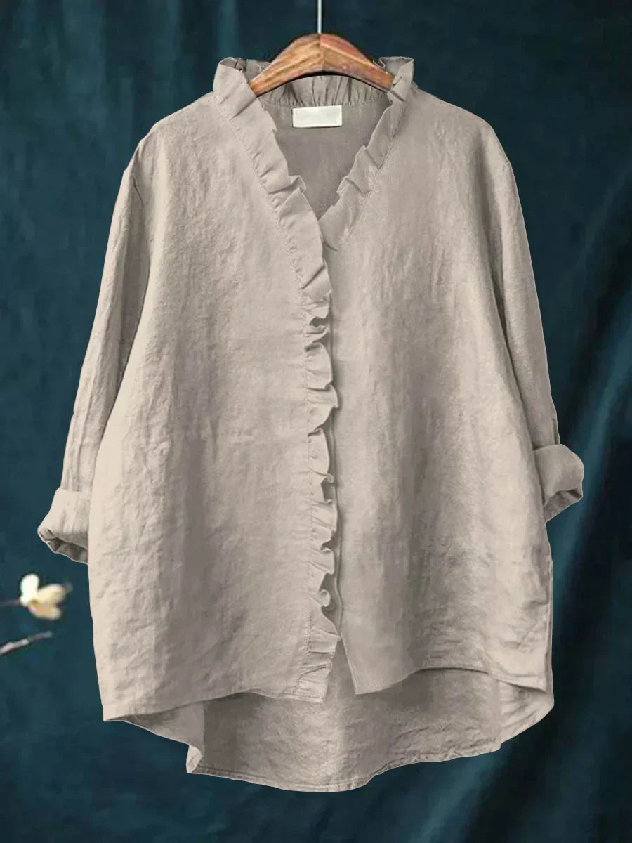 Stylish women's long sleeve ruffle V-neck blouse, a perfect versatile top for spring & summer.